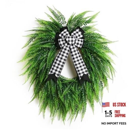 Wreaths for Front Door,22″ Spring Summer Greenery Boston Fern Leaf for Outdoor