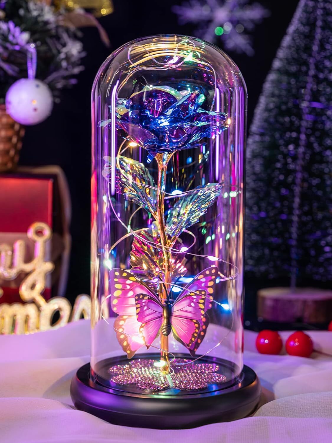 Purple Glass Rose With Butterfly And Heart Crystals Led Light Mother’s Day Gift