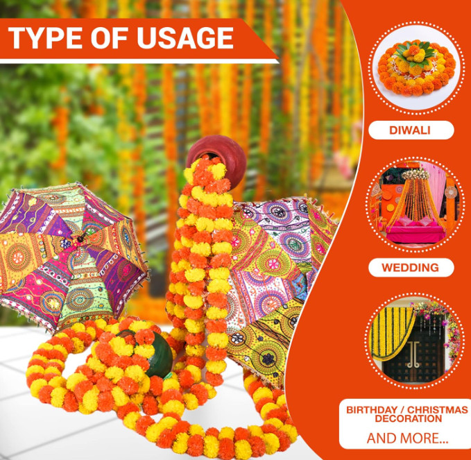 Marigold Garland for Decoration 5 Pcs of 5 feet Long Strands Artificial Marigold