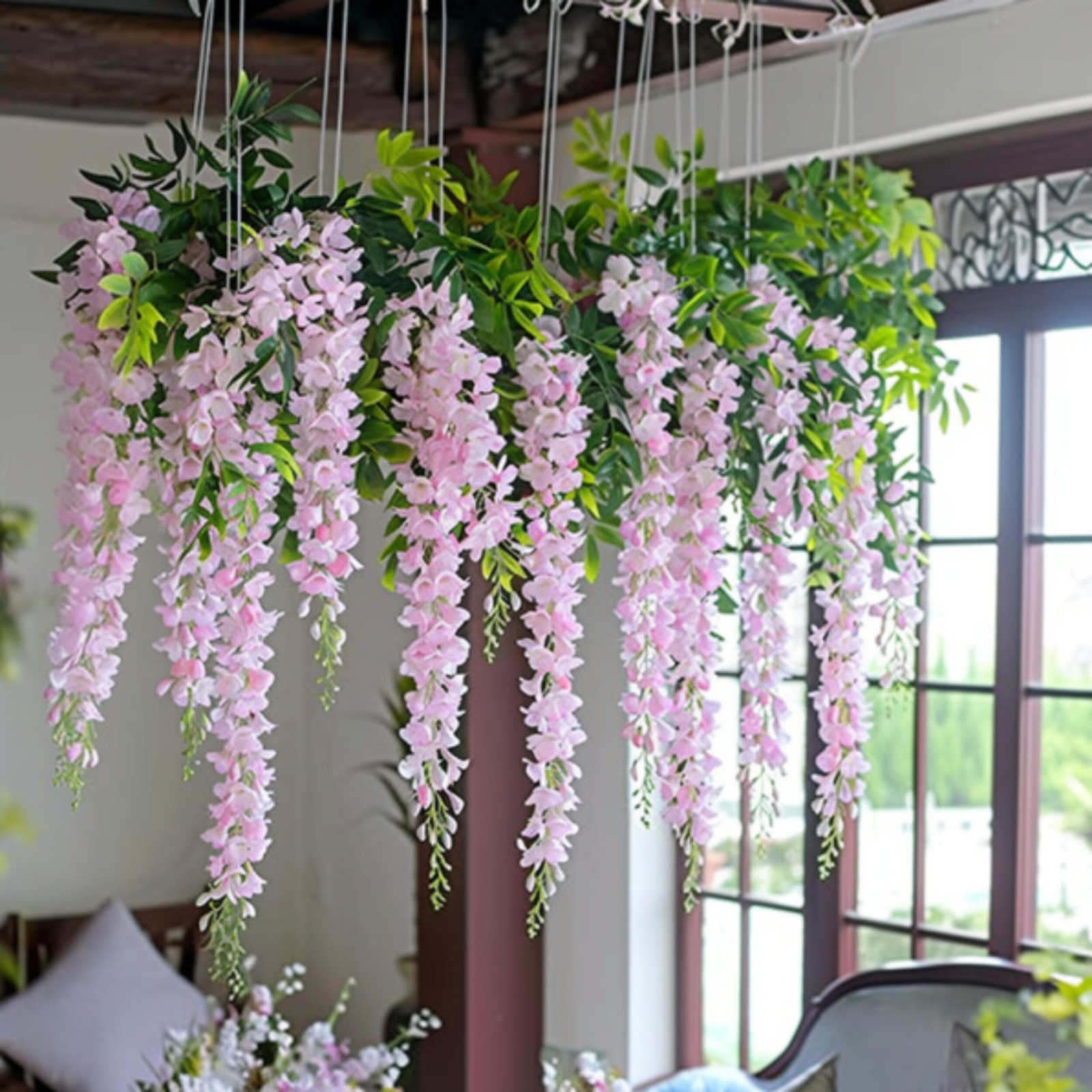 Hanging Faux Pink Wisteria Wedding Floral Decor – 24 pcs, 72 Branches Total