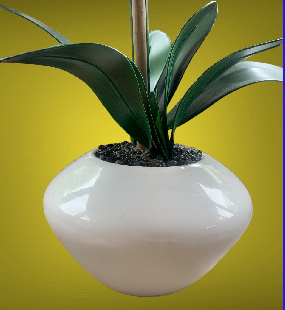 Faux Orchid Yellow In White Ceramic Vase 27.5” Tall X 15” Wide Decorative