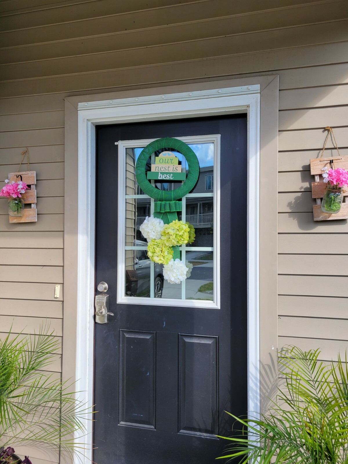 OUR NEST IS THE BEST wreat WHITE GREEN Hydrangeas burlap Decor Front Door SUMMER