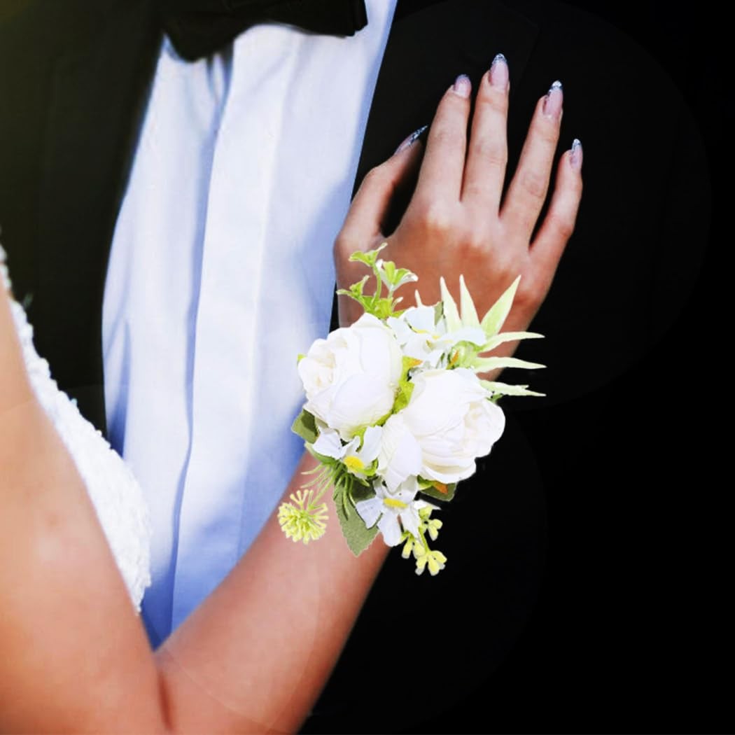 White Wedding Wrist Corsage, Bridal, Prom, Hand Flower, Women, Girls, Fabric