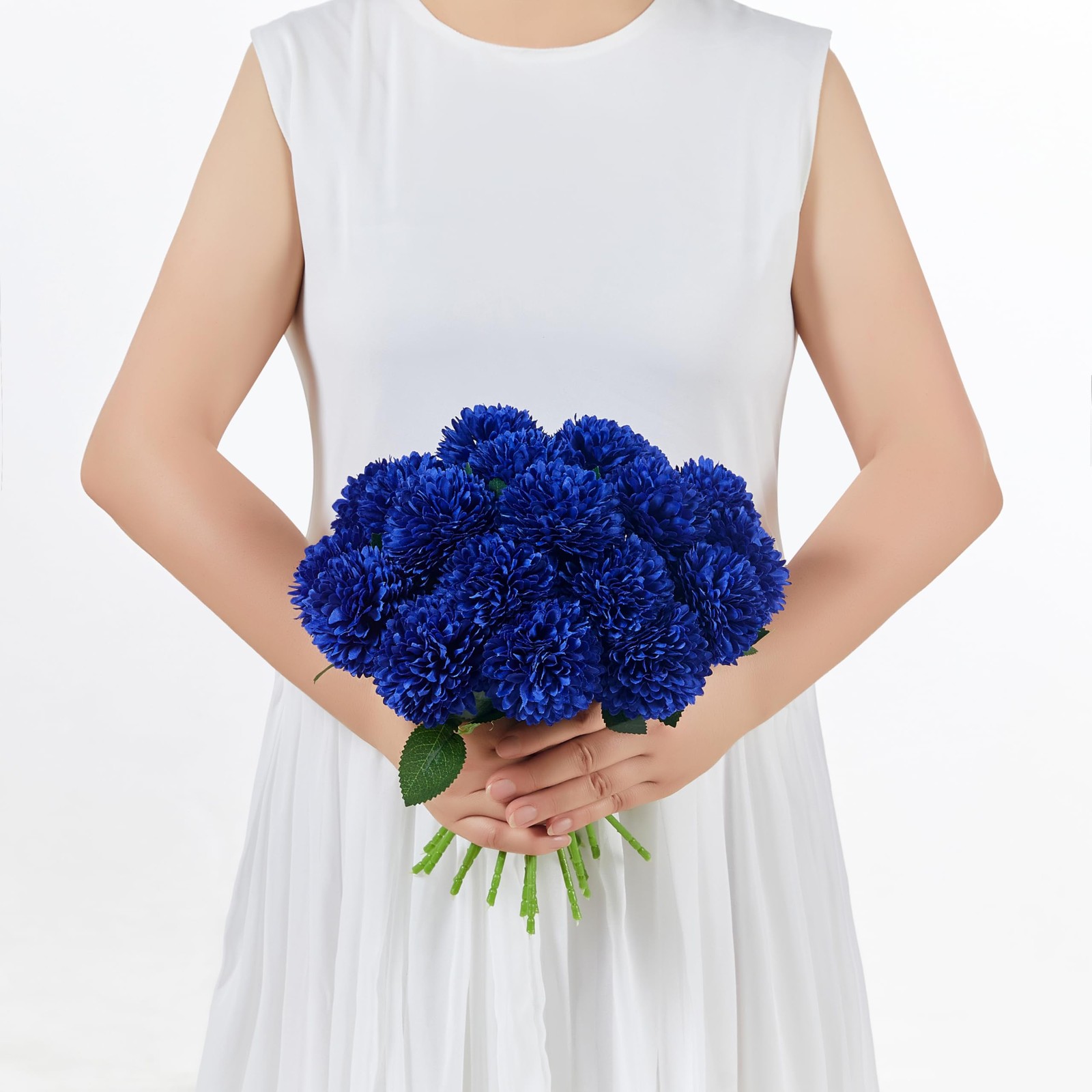 12 PCS Blue Artificial Chrysanthemums Ball Flowers Silk Fake Mums Decor