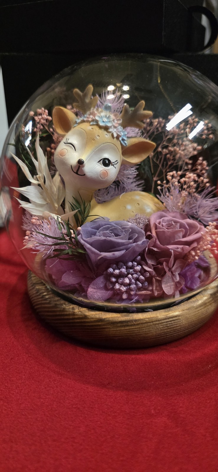 Artificial Purple Rose Arrangement in Glass Dome w/ Deer Figurine
