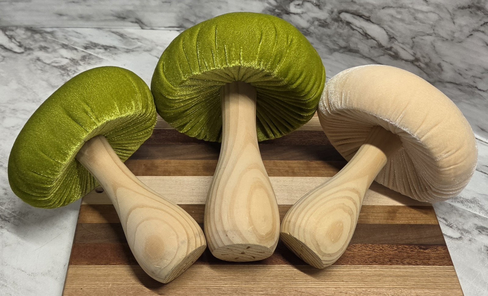 Mushrooms Set Of 3 Cream Green Wood & Velvet 2 Sizes Spring Summer Decor…