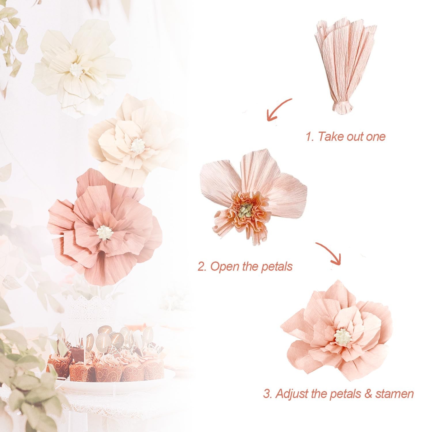 Beige Sweet Peach Paper Flowers Boho Party Decorations Artificial 3D Wall Déc…