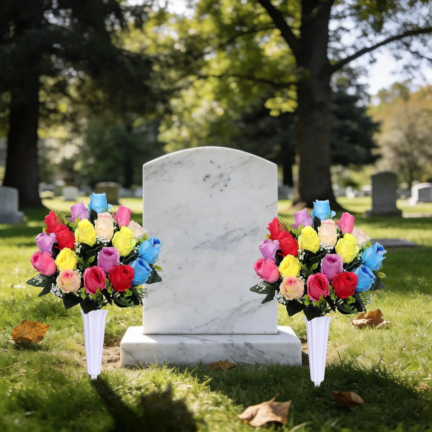 Artificial Cemetery Flowers, Set of 2 Artificial Rose Bouquet Memorial Flowers