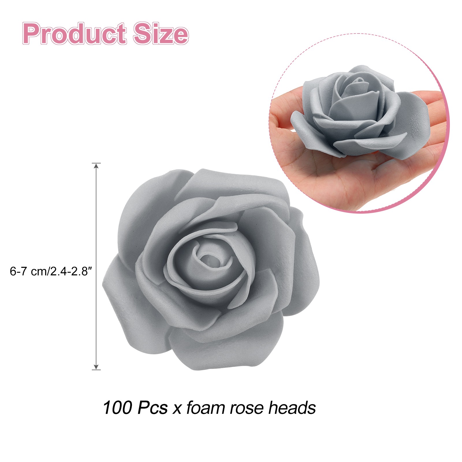 100pcs Foam Rose Heads 6-7 Cm for DIY Crafts Accessories, Grey