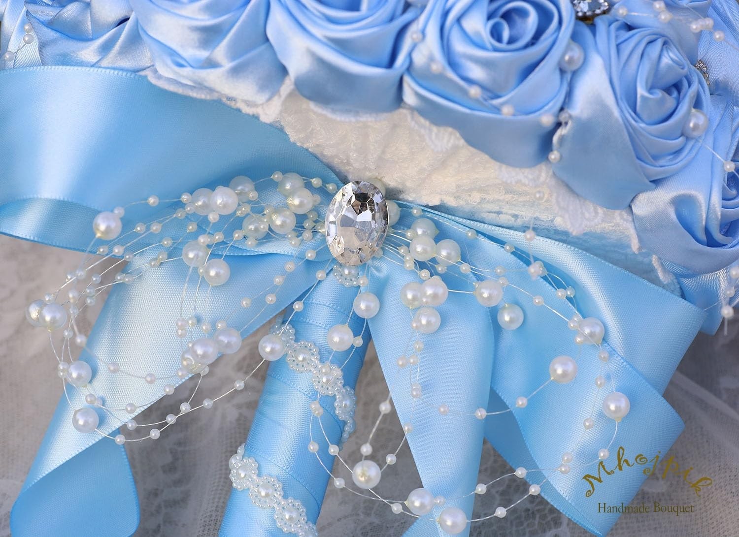 6.3 Inch Light Blue Artificial Rose Bling Bridal Wedding Throw Bouquet