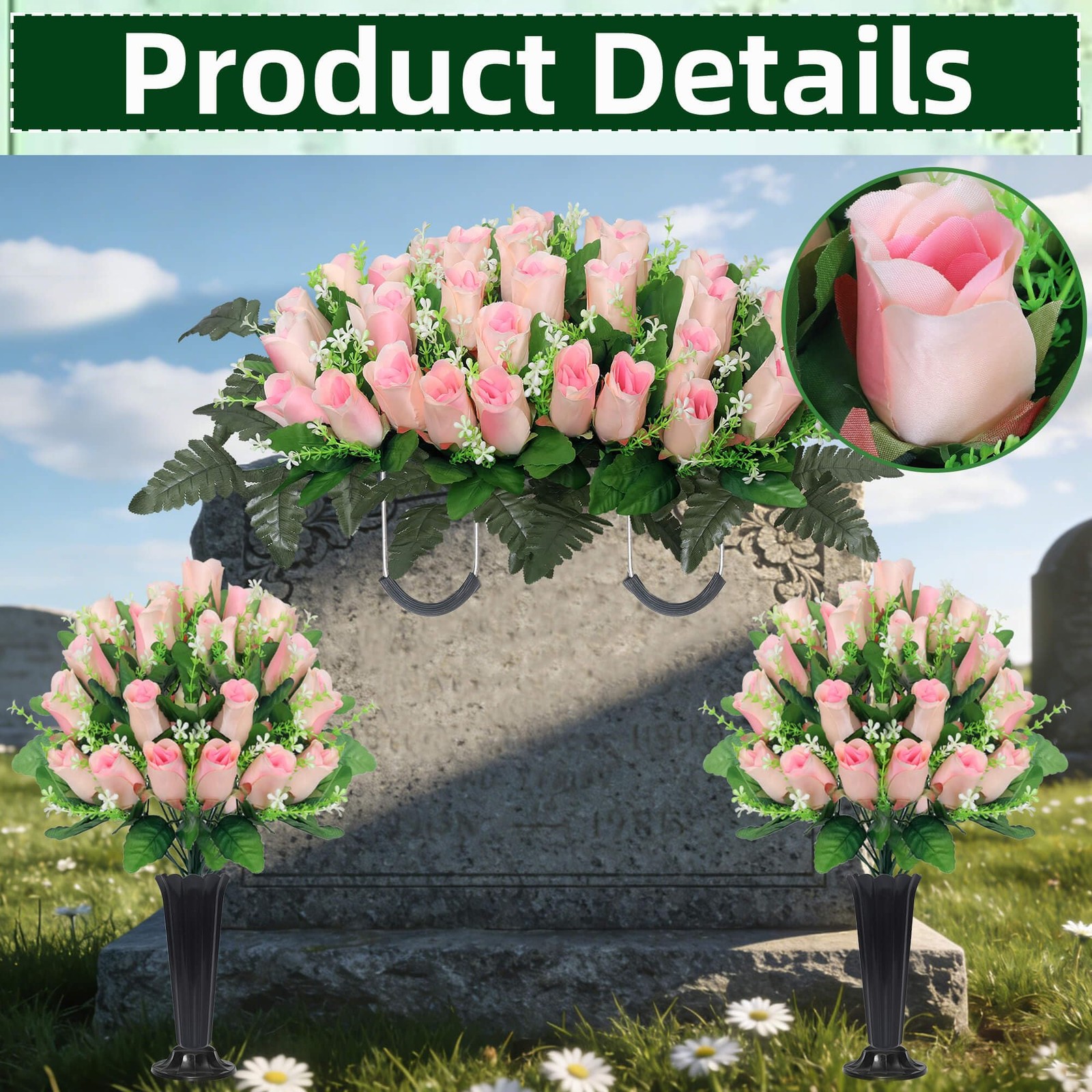 Wocst Cemetery Flowers for Grave,Headstone Flower Saddle with 2 Sets Grave Ro…