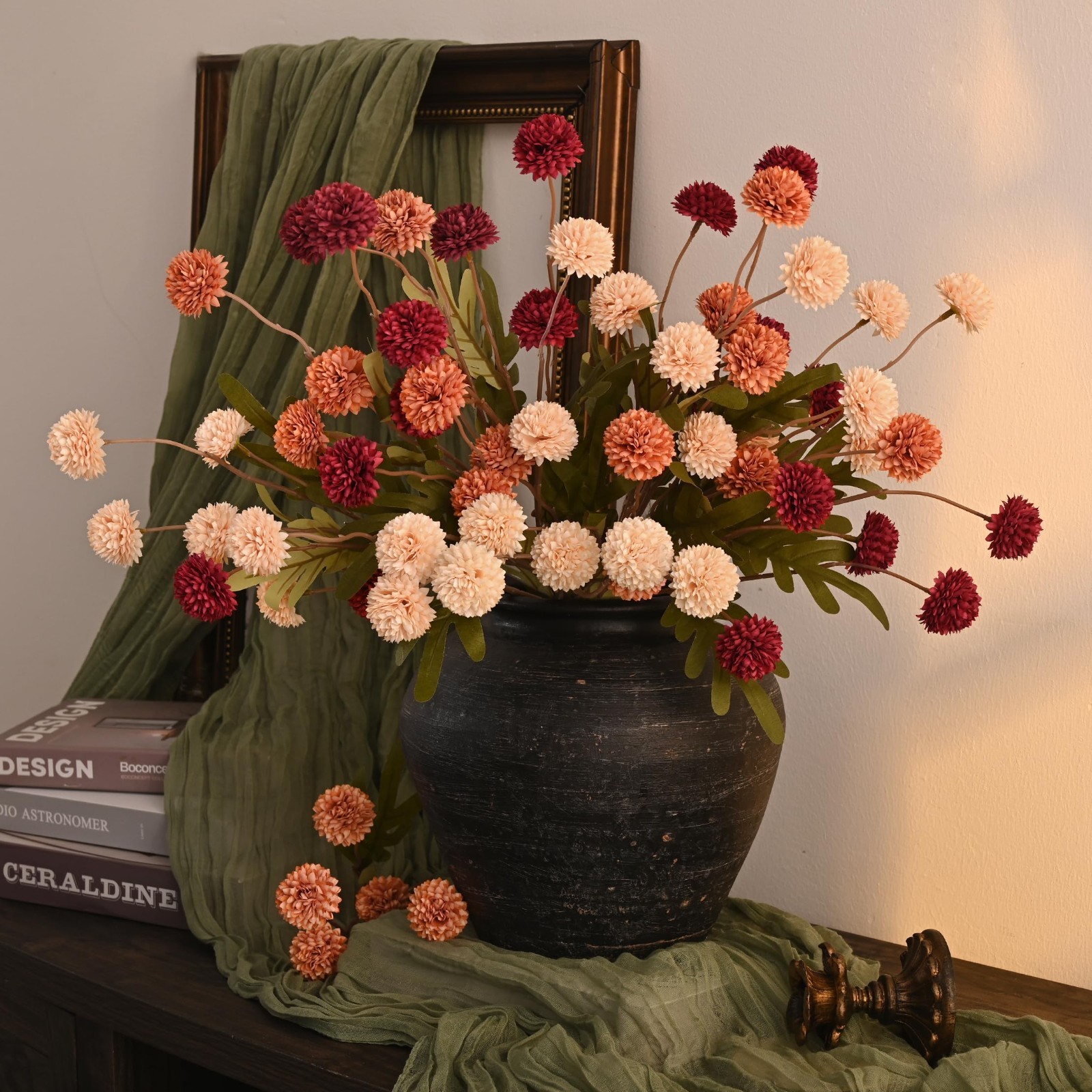 10pcs Faux Silk Pompon Flowers, Mini Chrysanthemums, Fall Decor Centerpieces