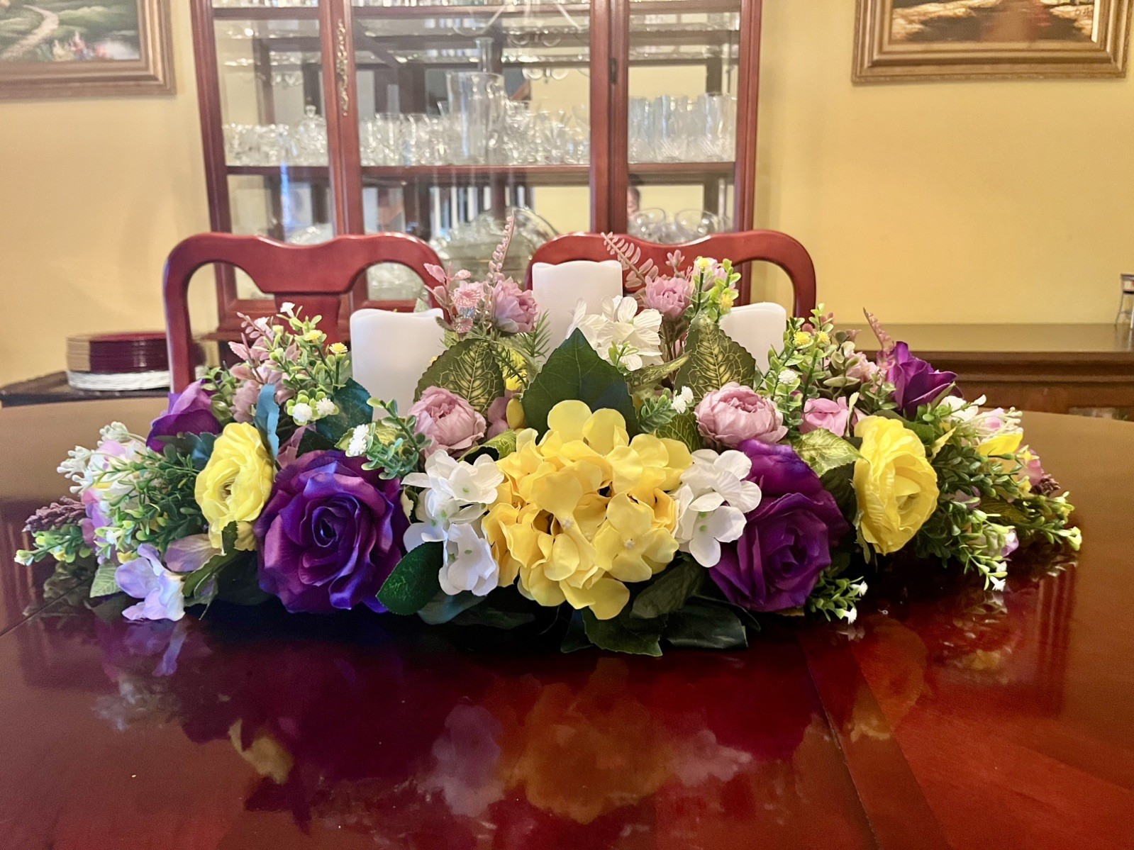 Purple Hydrangea And Roses Floral Arrangement Purple Pillar Candle Centerpiece