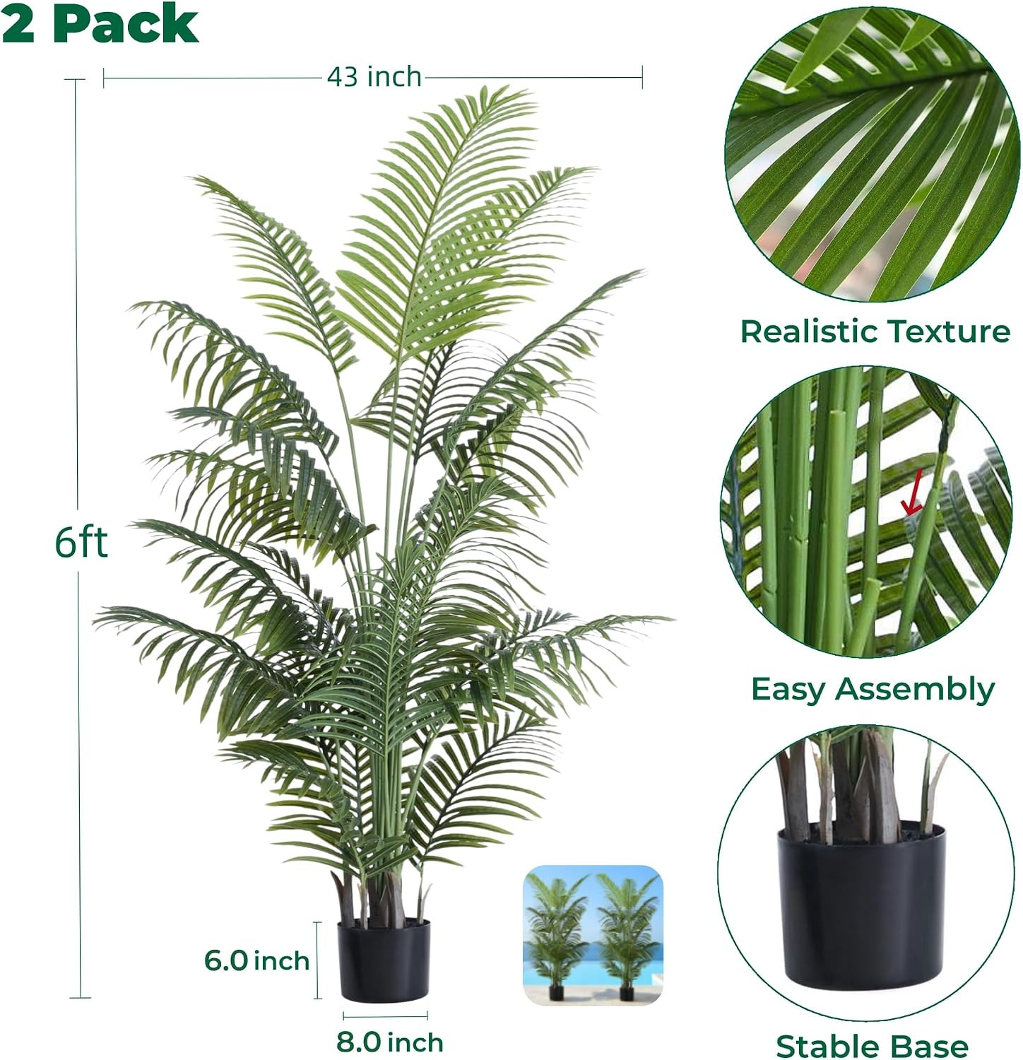 6FT Tall Artificial Palm Trees, Potted Plant (2 Pack) Tropical Areca Palm, UV Re