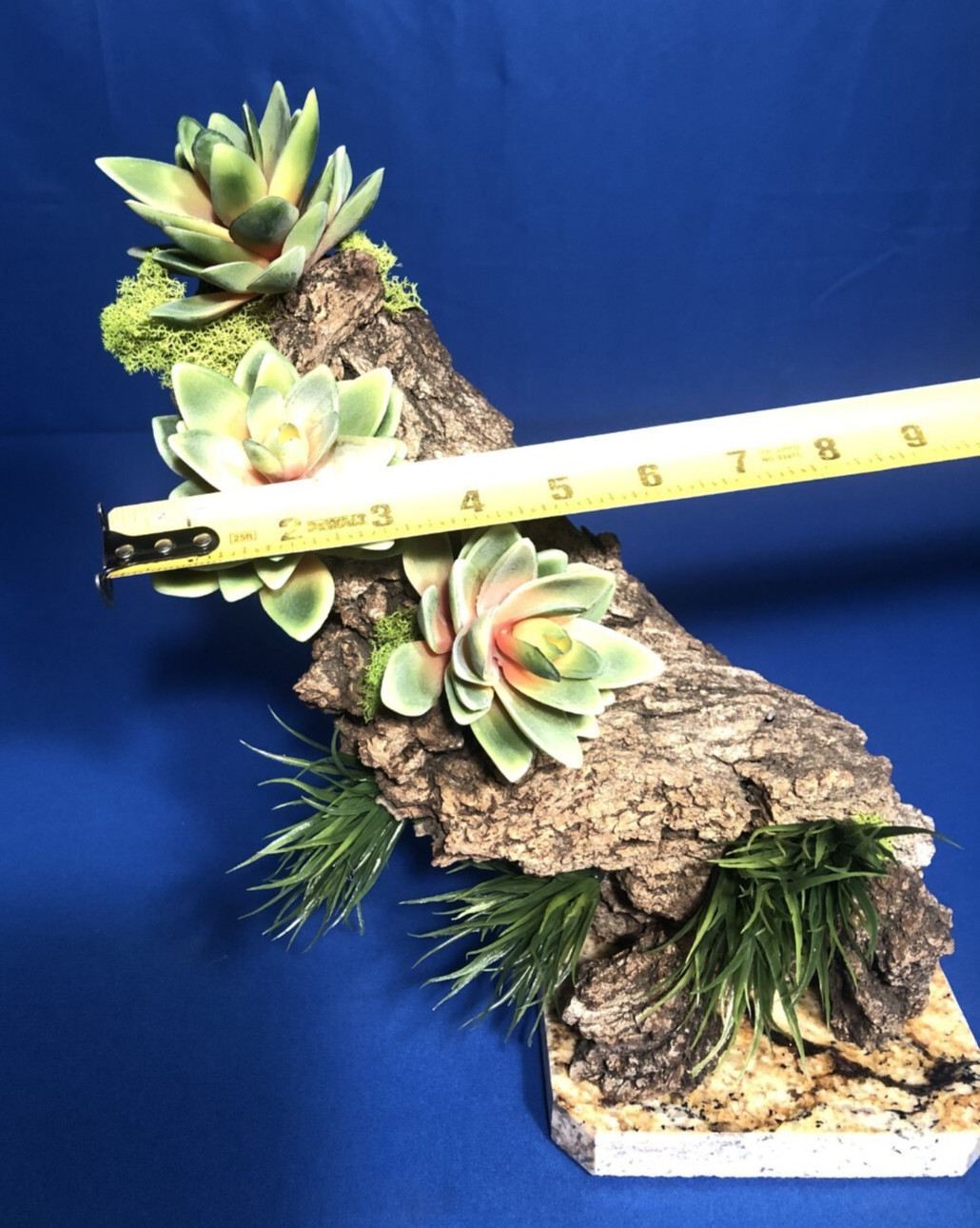 Artificial Succulent Air Plant Home Office Mounted on Real Wood Bark and Stone