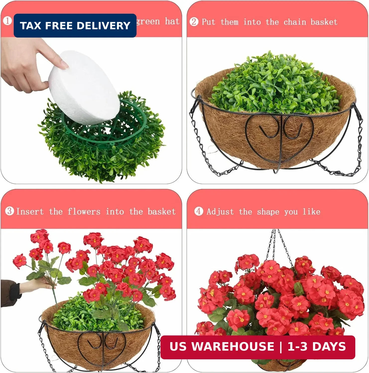 Artificial Flowers for Outdoors with Hanging Basket 12 Pcs Silk Red Geraniums Ar
