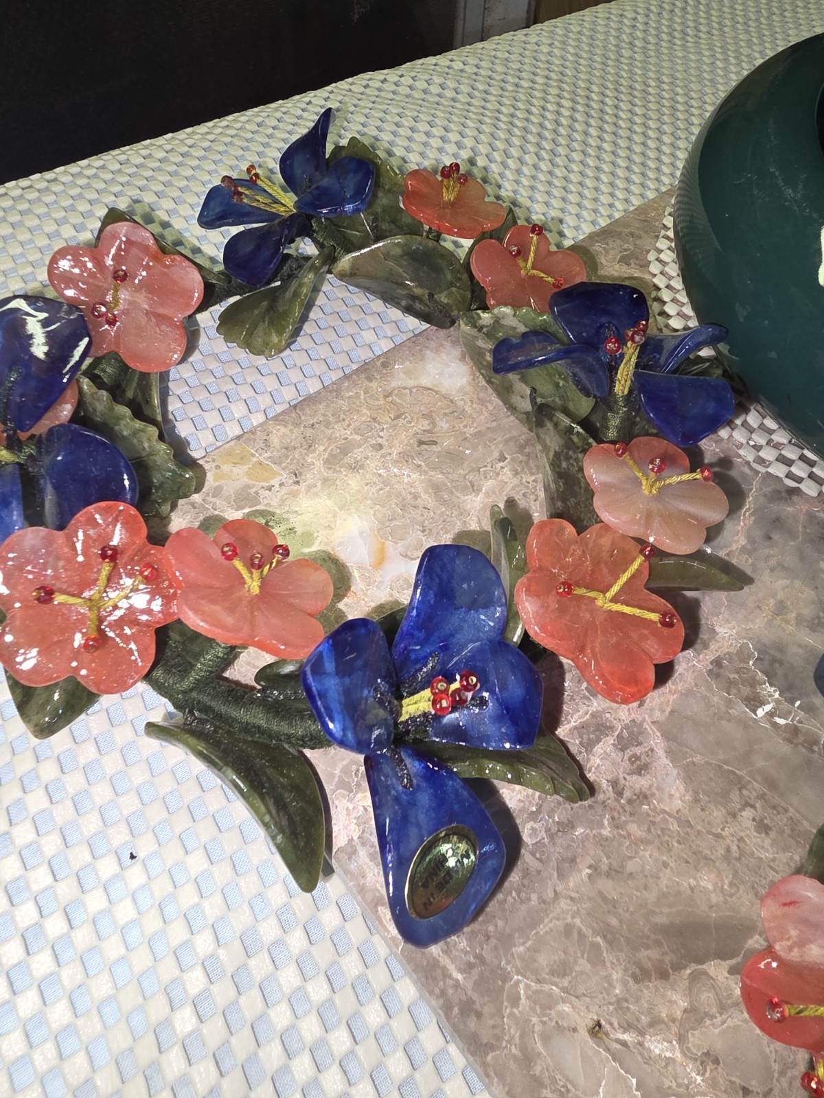 Ceramic Floral Artificial Candle Ring Wreath w/ Blue Pink Flowers Green Leaves