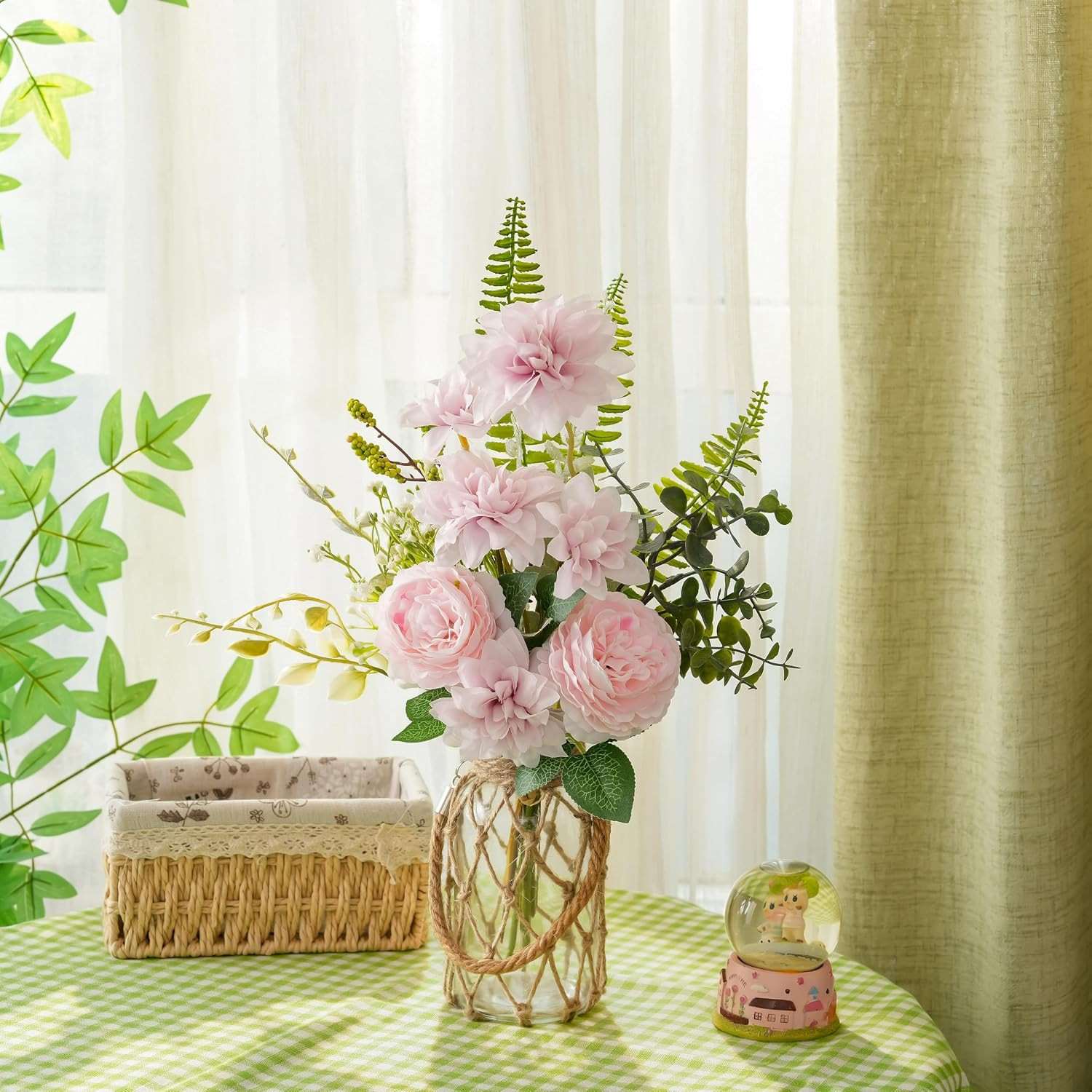 Fake Flowers with Vase – Artificial Light Pink Dahlia Flowers Arrangement, Flora