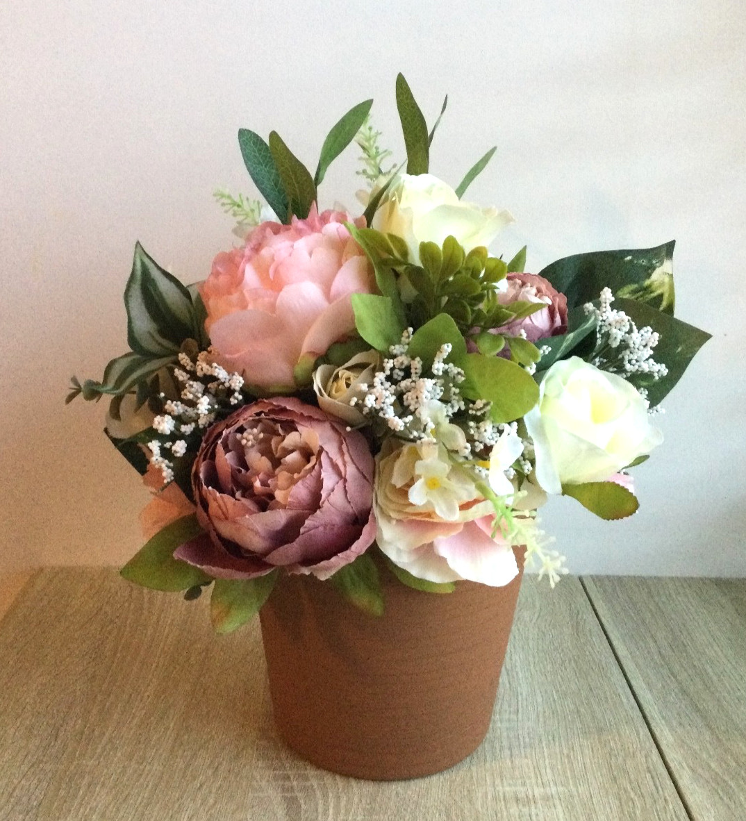 Faux Floral Arrangement in Plastic Pot 14″ Peony Rose Dahlia Pink Peach White