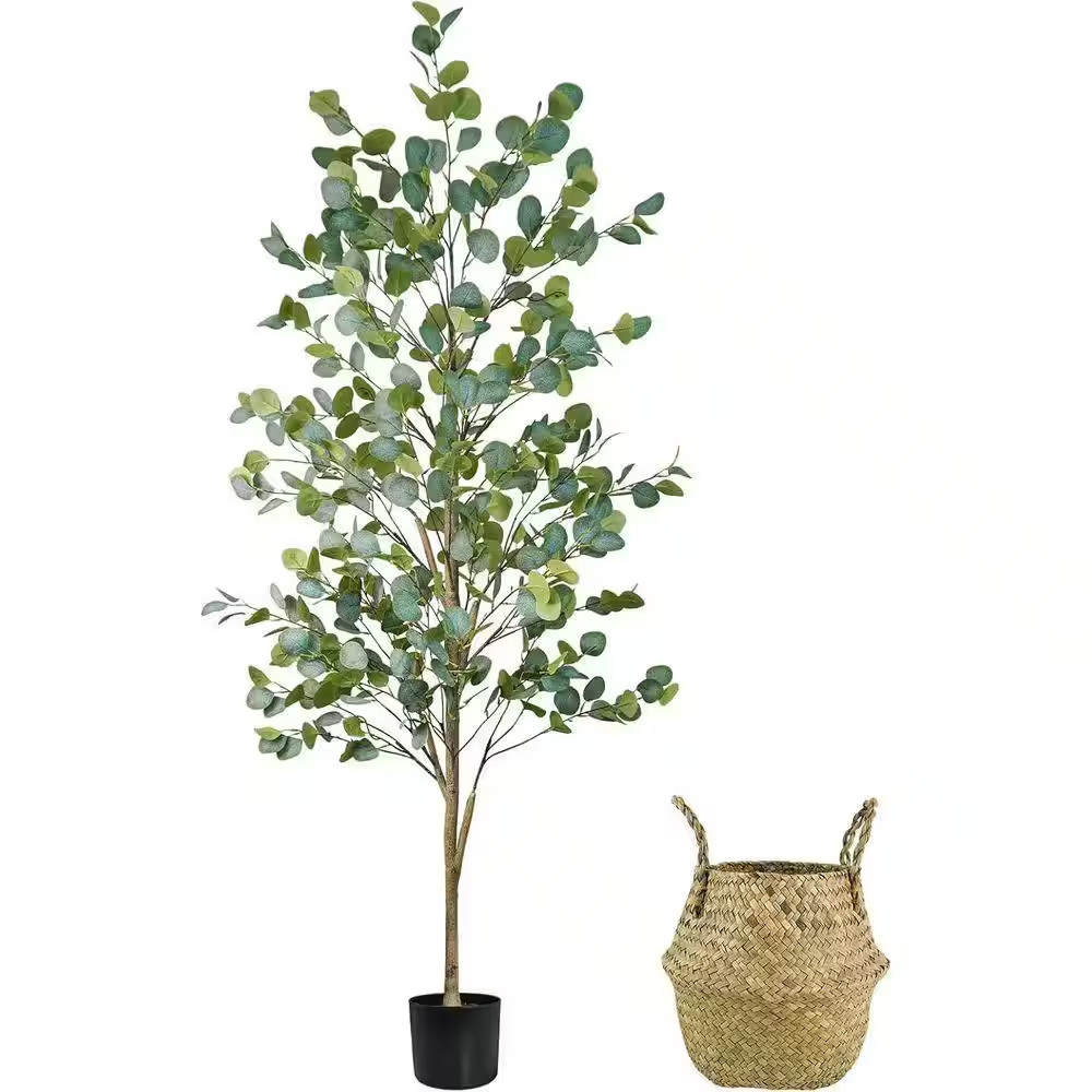 72 in Artificial Eucalyptus Outdoor Fake Floor Plants with Natural Wood Trunk
