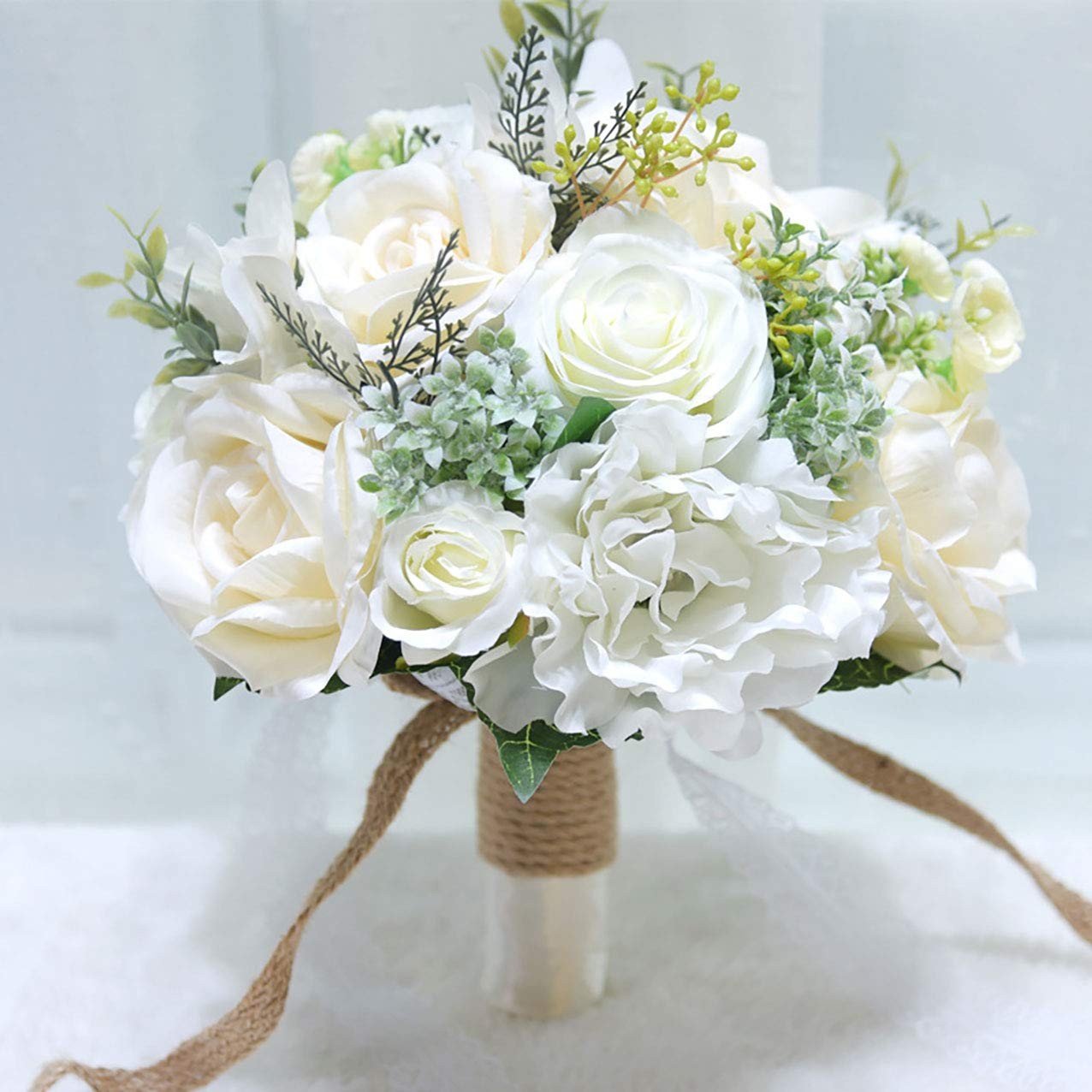 9.8″ Bridal Holding Wedding Bouquet Real-Looking Mixed Flowers Ivory Greenery…