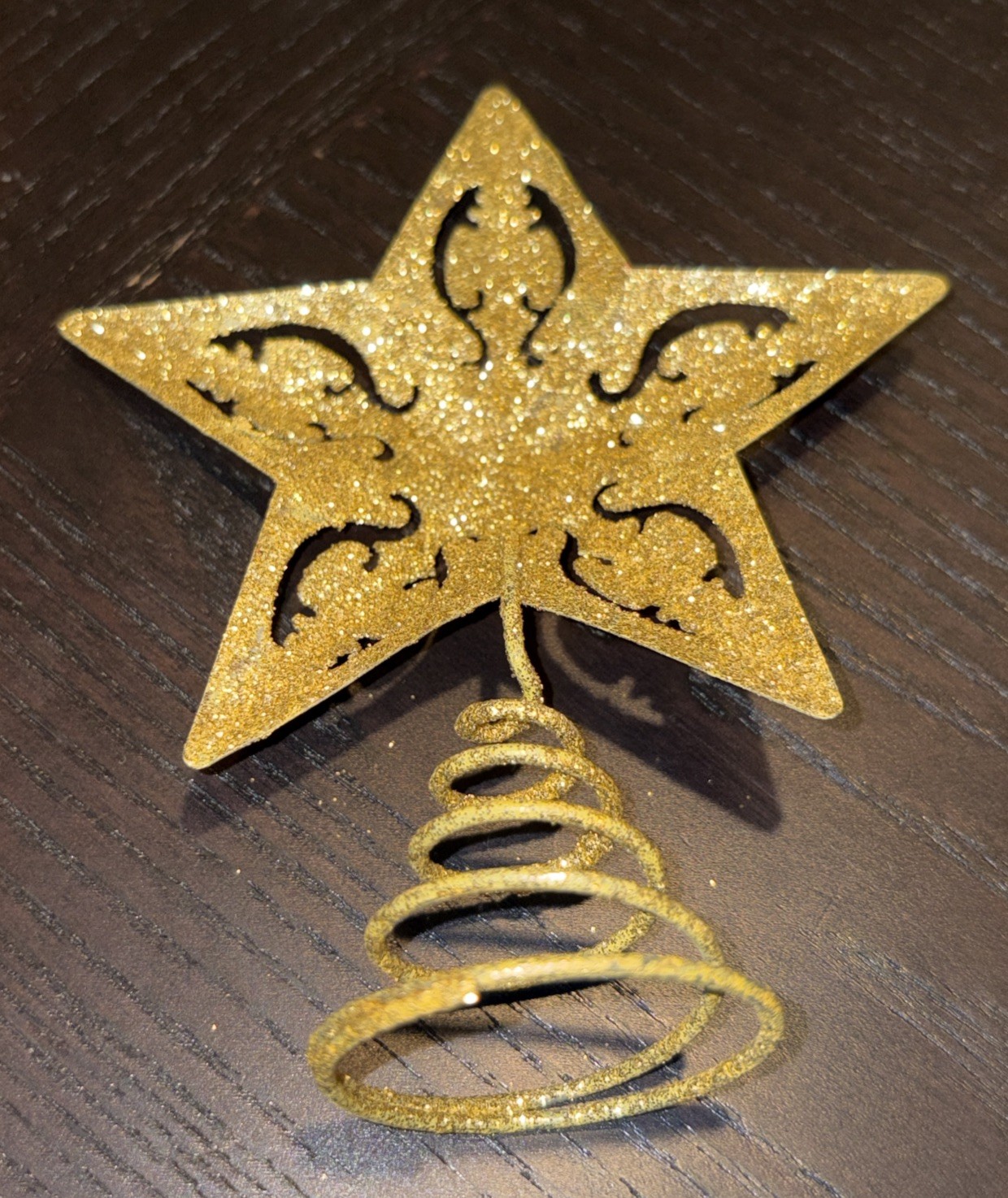 NEW Gold Glittery Metal Designed Mini Star Tree Topper 4.75×3.75”