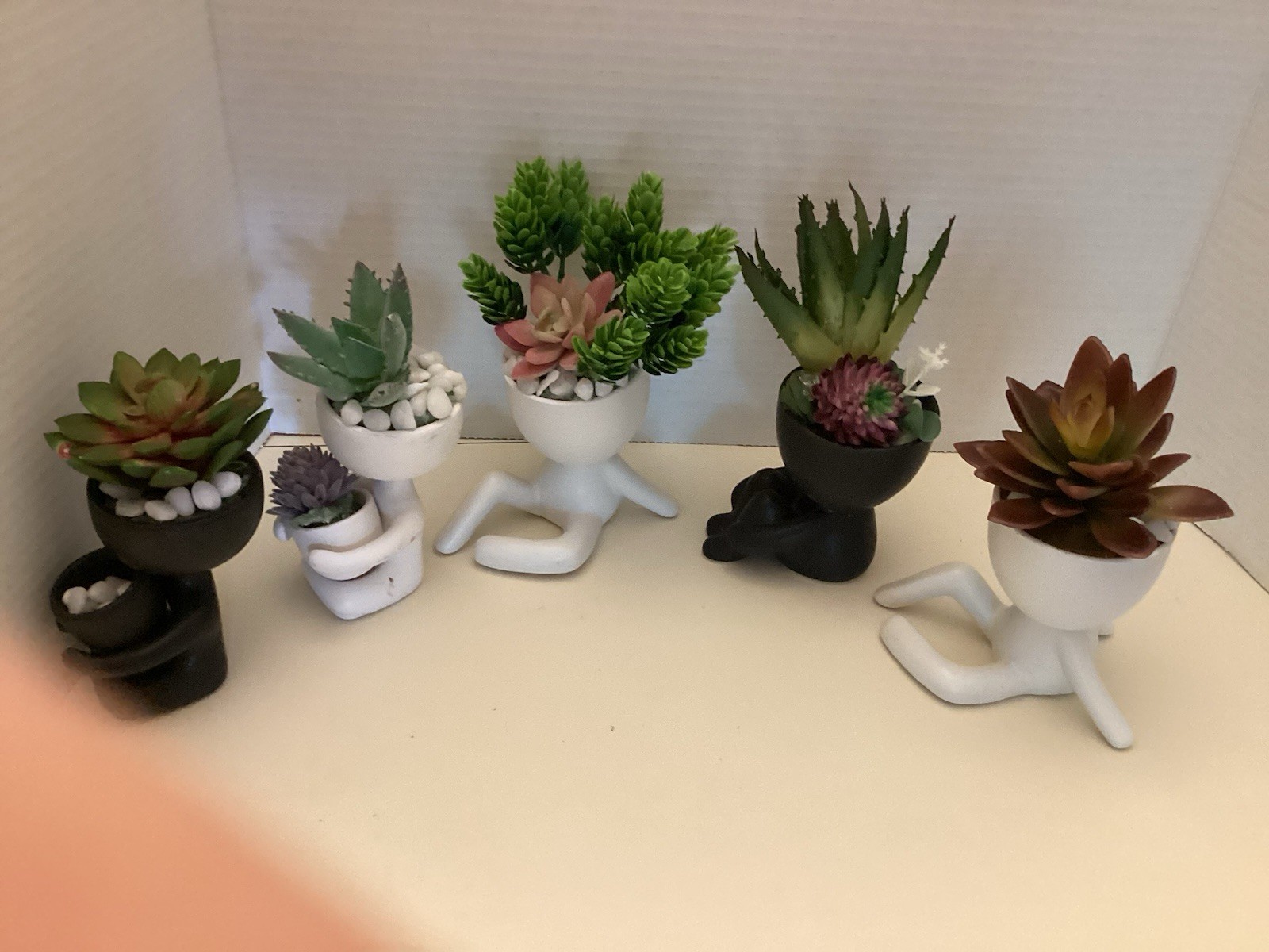Faux Fake Succulents In Human Statue Pot Black & White Five