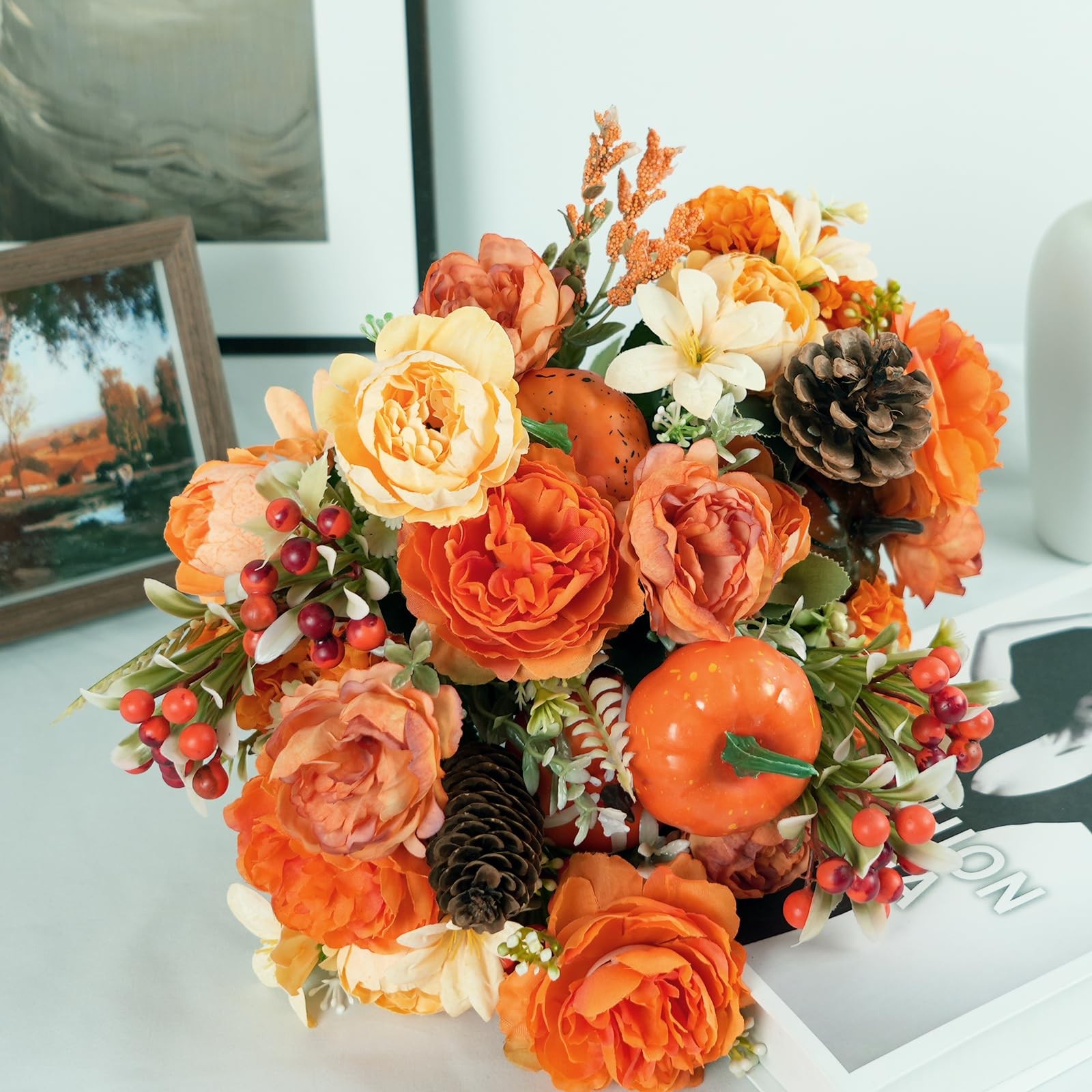 Artificial Fall Flowers Orange Roses Pumpkin Bouquet 10 PCS Set