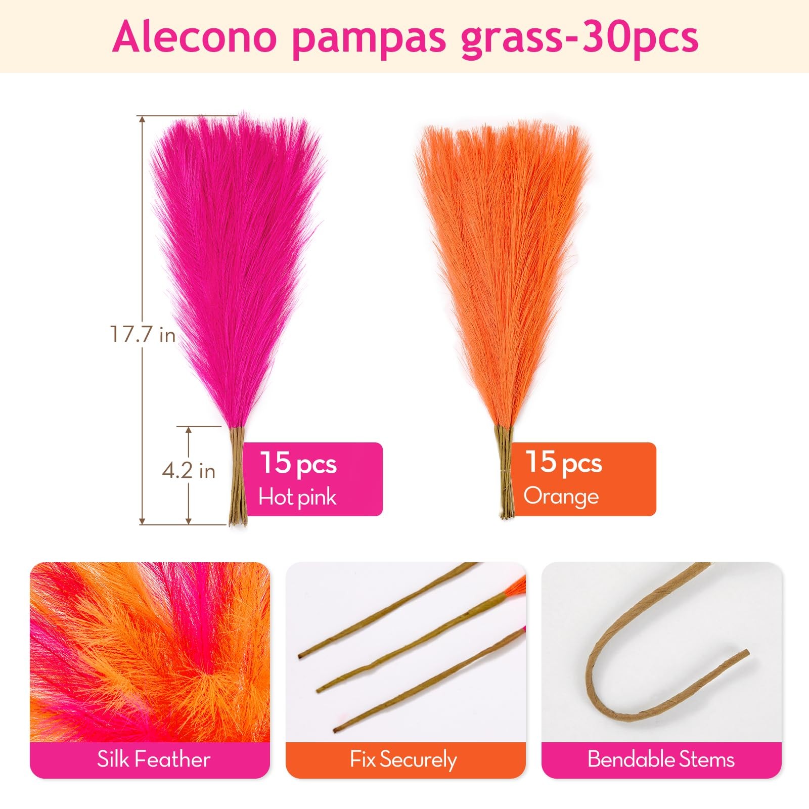 Pampas Grass 17in 𝟯𝟬𝙋𝙘𝙨, Orange and Hot Pink Artificial Faux Fluffy Pamp…