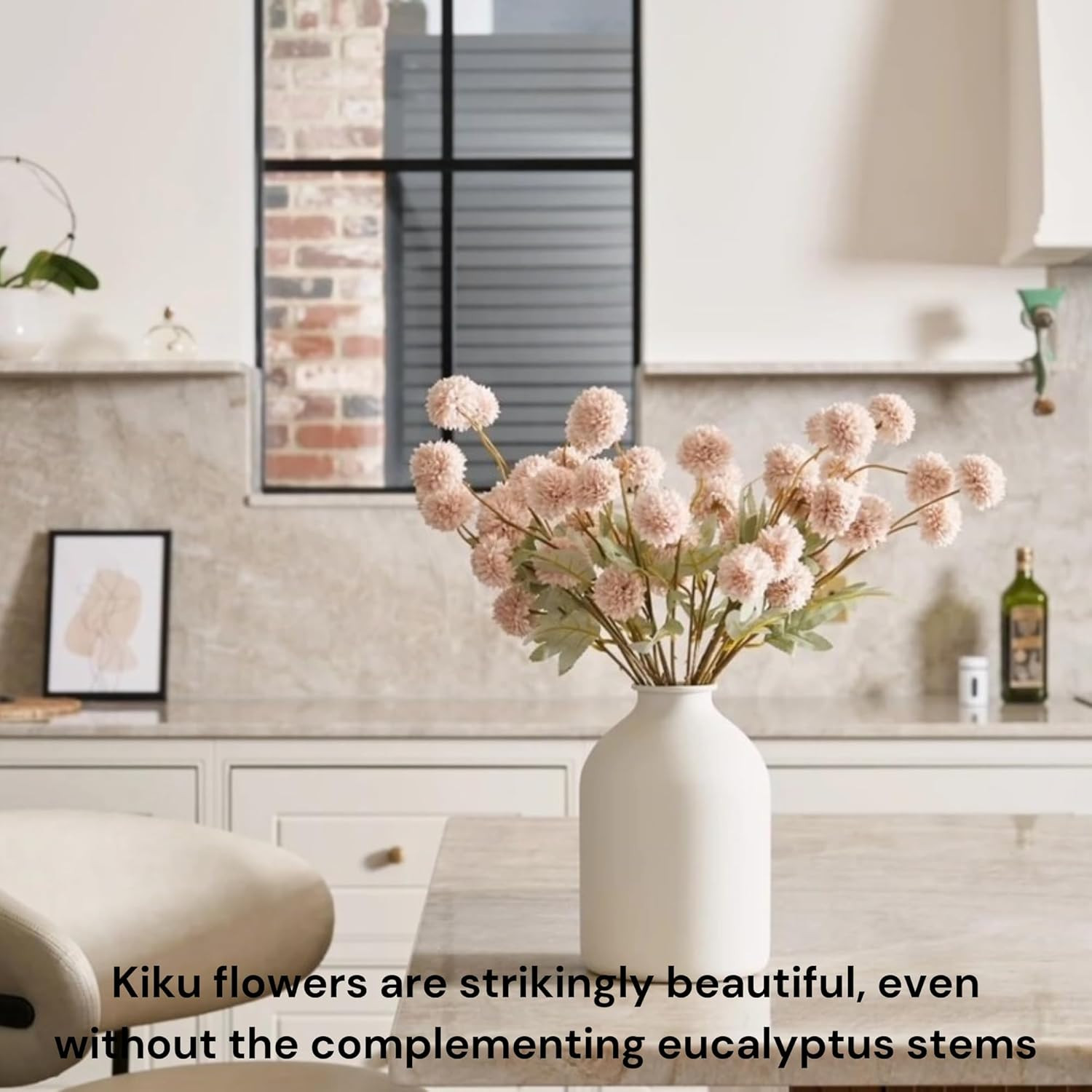 Artificial Flowers for Vase – Beige Silk Mums 10 Long Stems with Eucalyptus, Fau