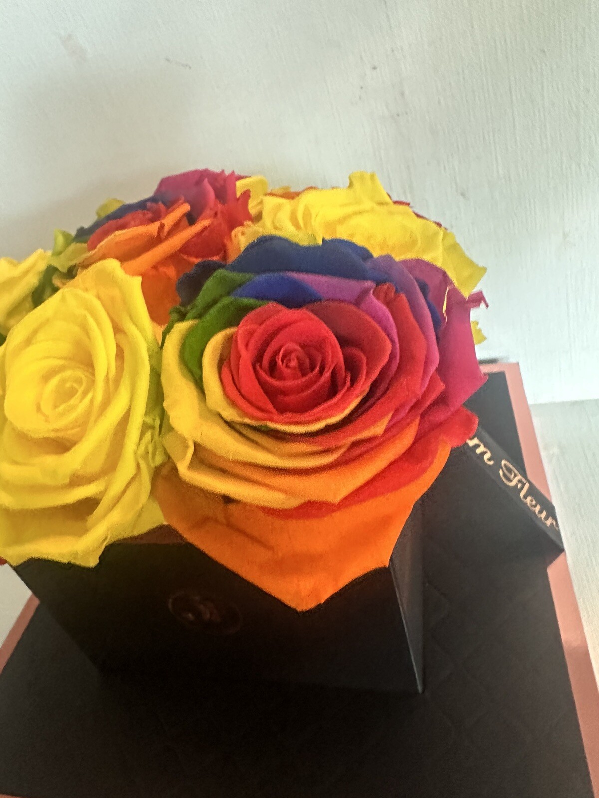 Glam Fleur Preserved 9 Yellow And Colorful Real Roses in Square Gift Box