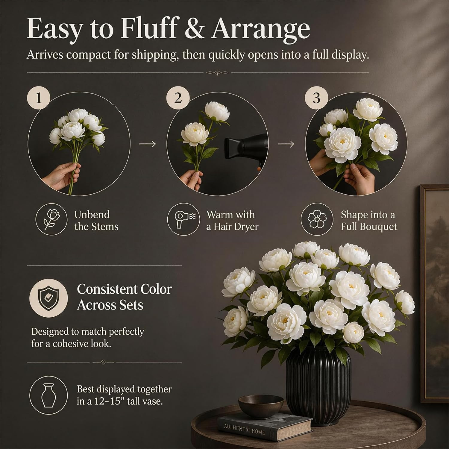 27″ Artificial Peonies Bouquet, 5Pcs UV Resistant Silk Flowers for Home Decor