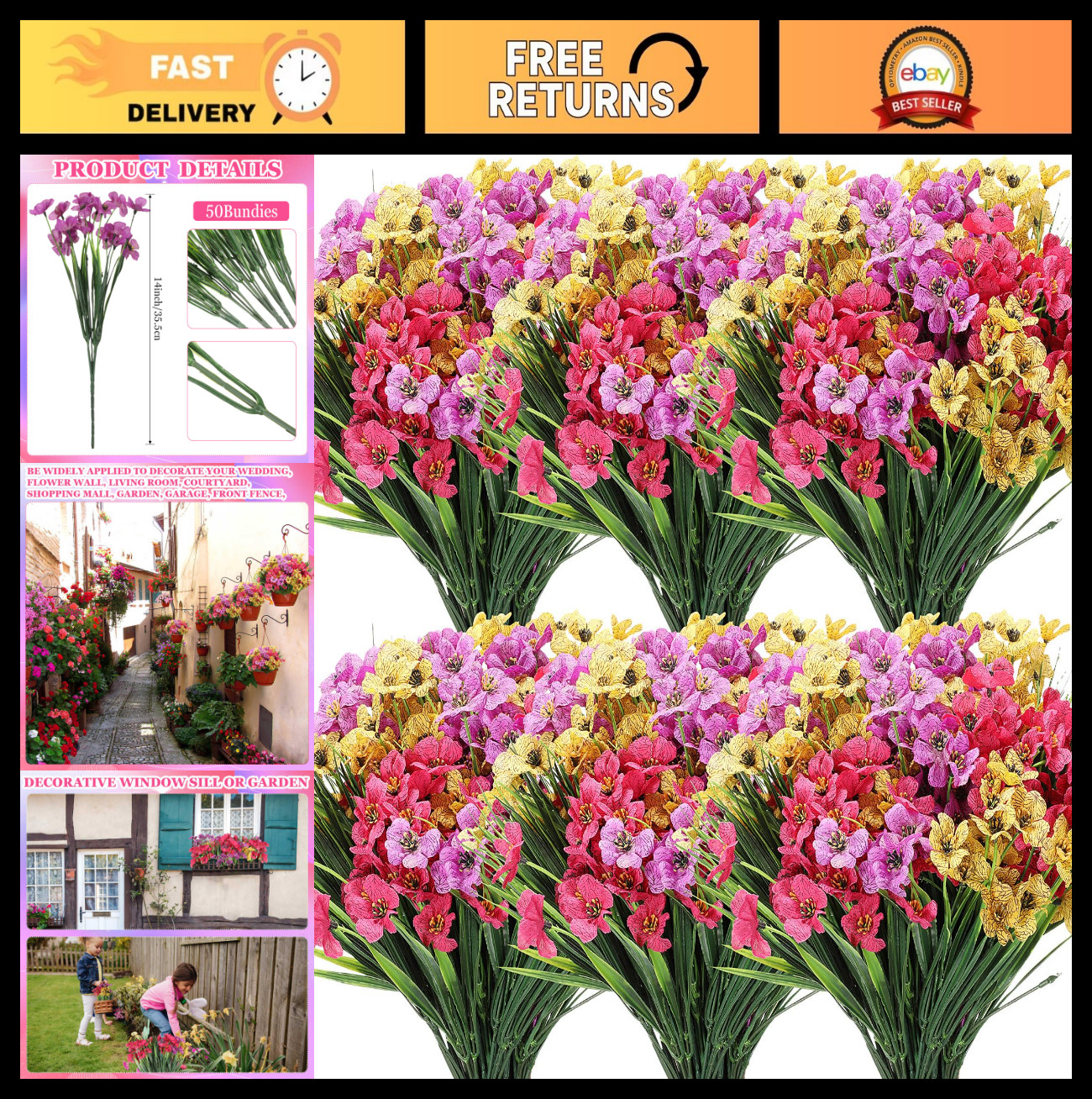 100 Bundles UV Resistant Violet Artificial Flowers – Faux Silk for Garden, Porch
