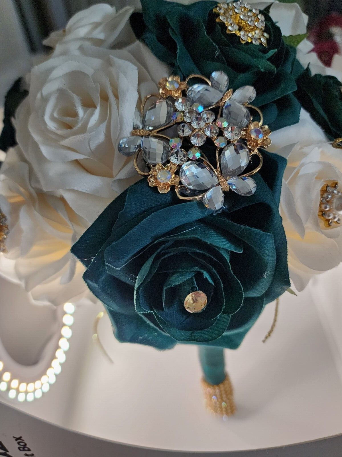 Emeral Green & Ivory Luxury Bouquet with Lights for Quinceneras & Weddings