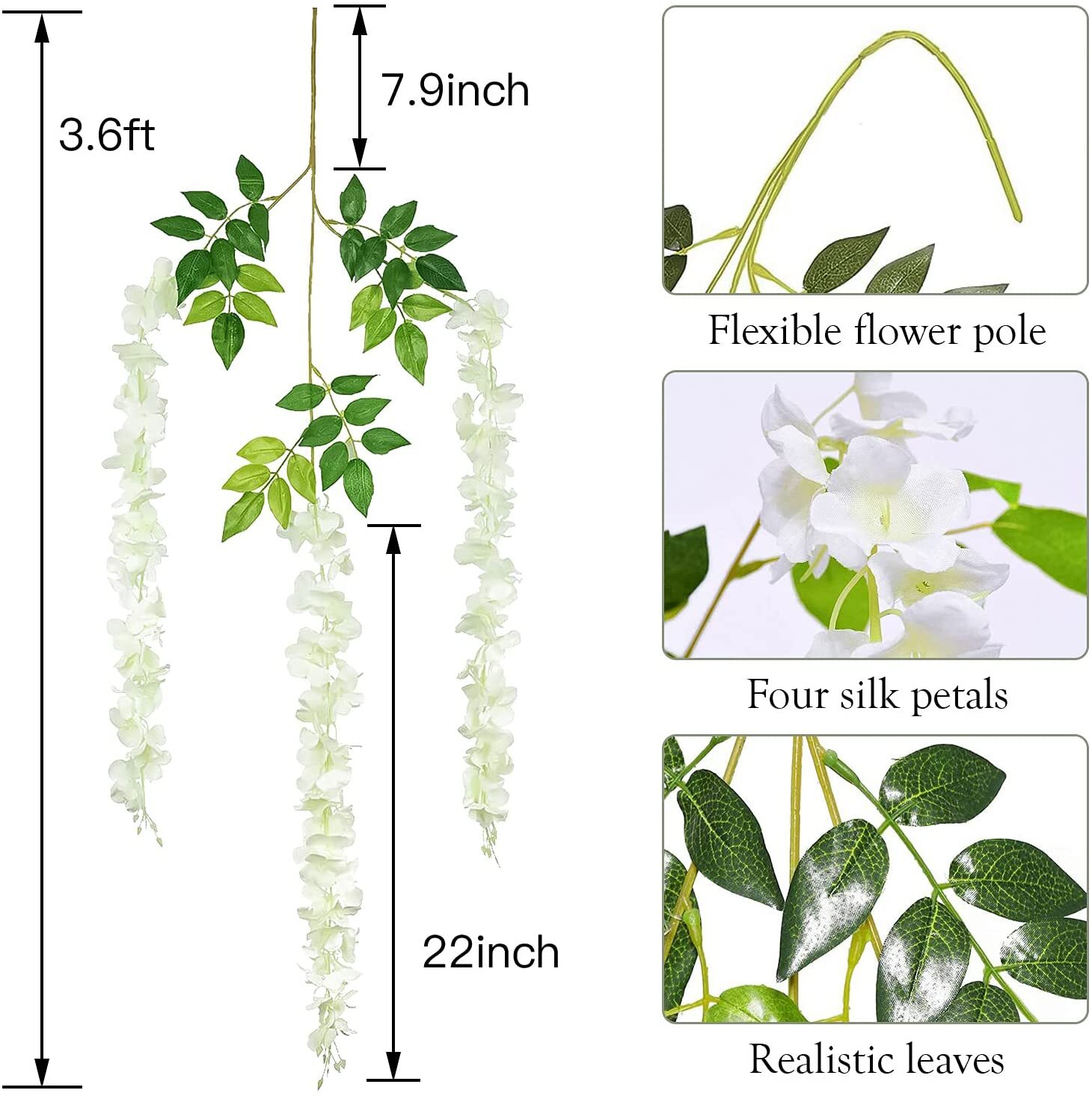 12 Pack Artificial Wisteria Hanging Flowers /6.56 Feet Artificial Ivy Leave Vine