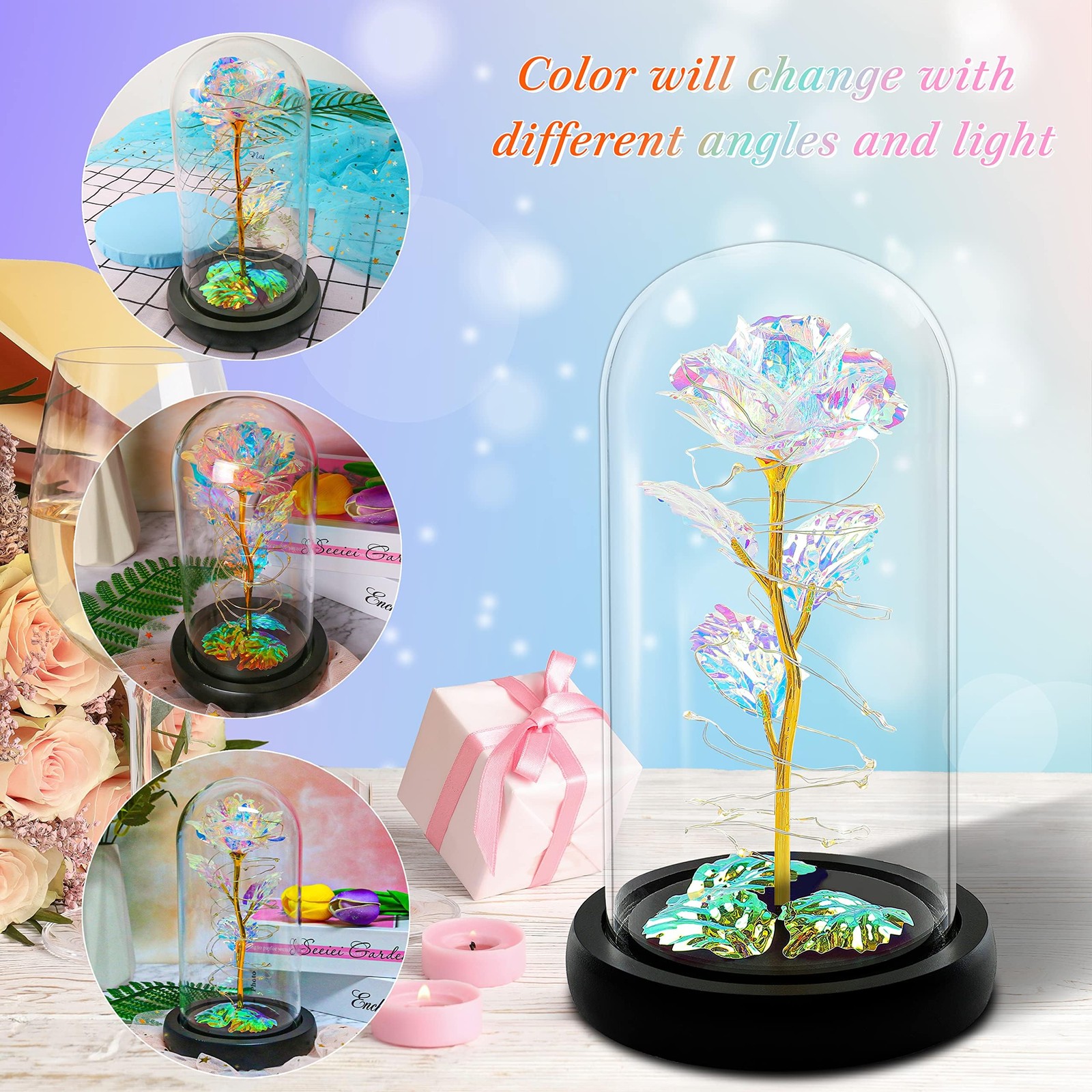 Birthday Anniversary Gifts for Women Colorful Light Up Rose in A Glass Dome