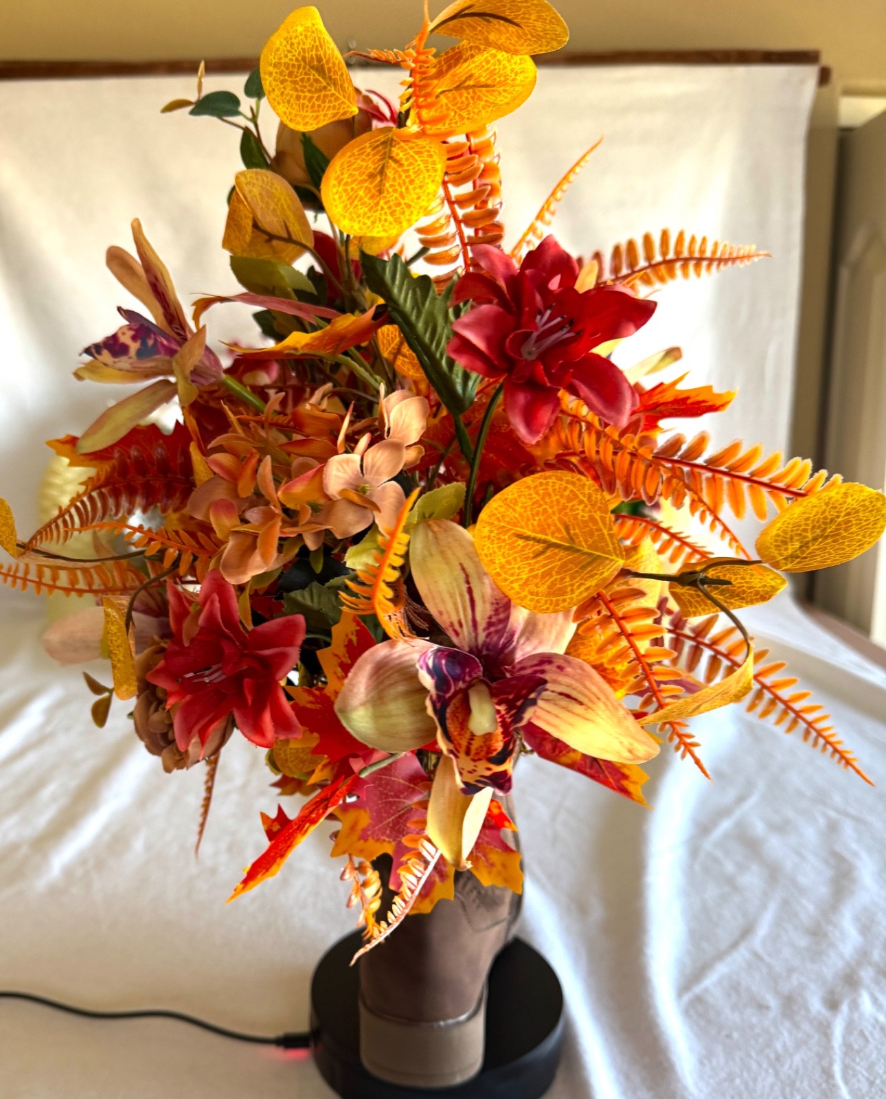 Fall colors Arrangement in a Cowboy Boot! Use all year!