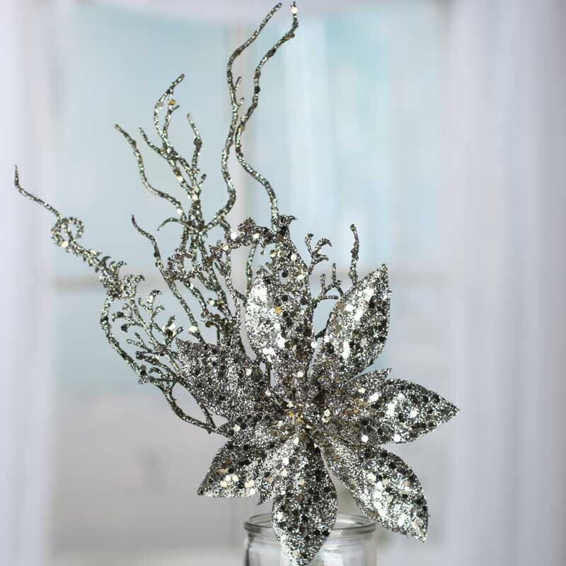 Set of 4 Silver Sparkling Poinsettia and Twig 17″ Floral Picks