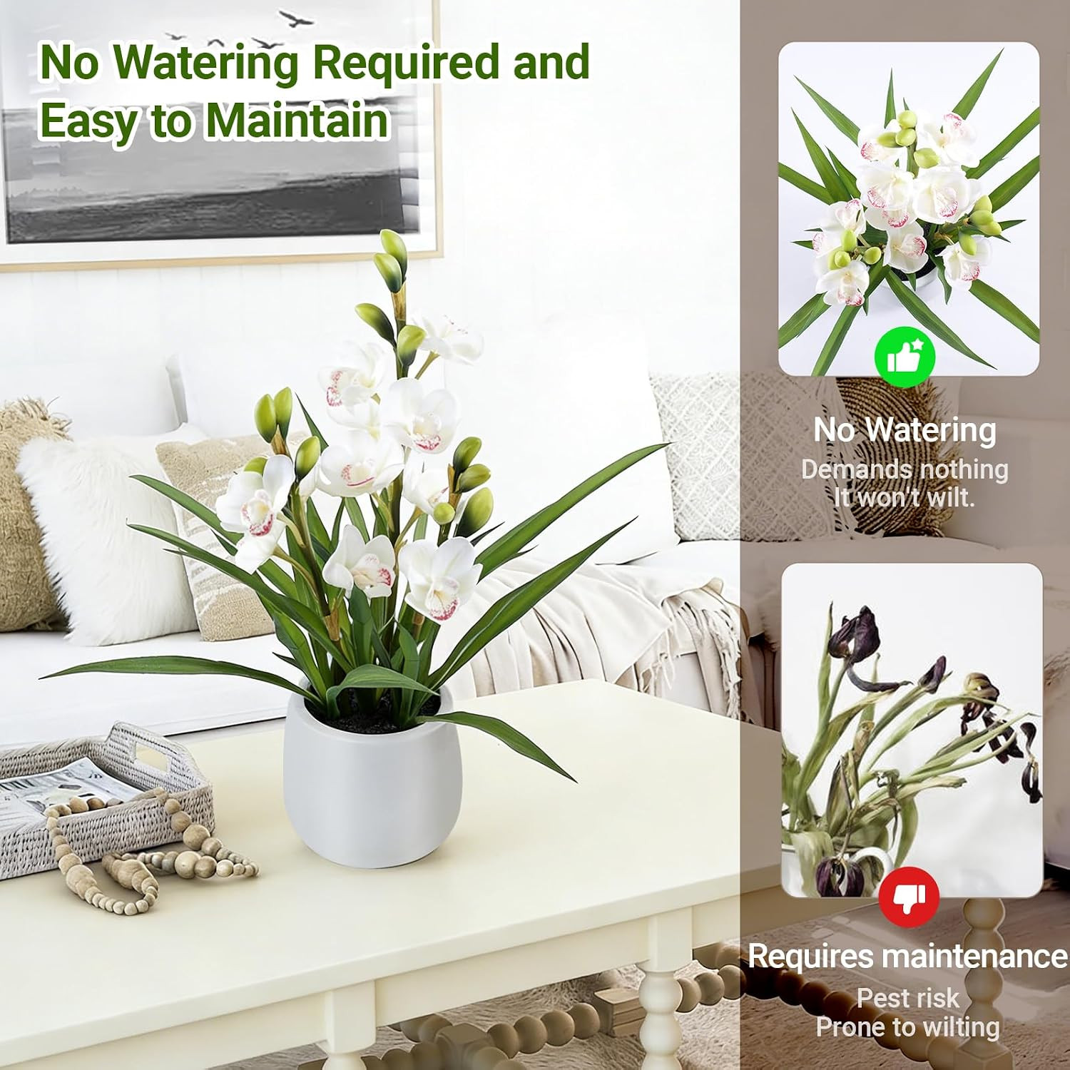 Fake Orchid Plant 19″ Tall, Realistic Touch Leaves, Potted Cymbidium Artificial