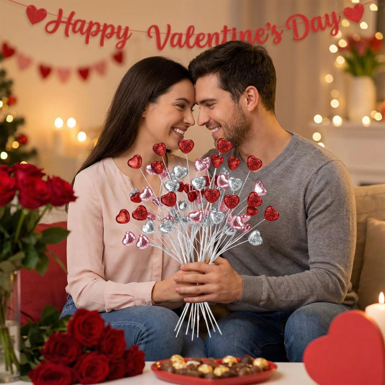 8 Pcs Valentine’s Day Heart Picks 16.5 Inch Glitter Foam Hearts Picks Red Pin…