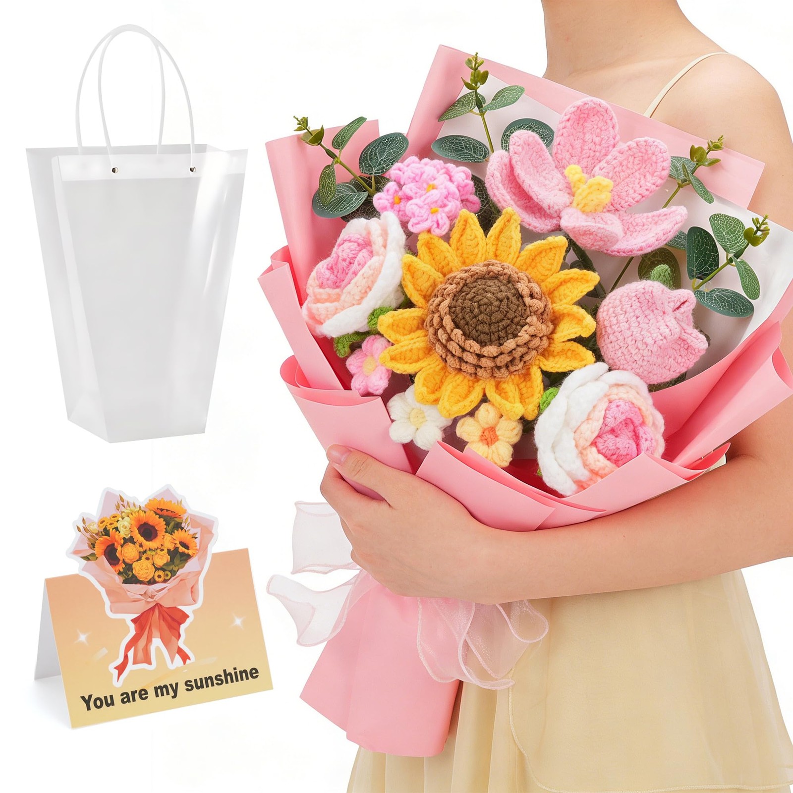 Crochet Flower Bouquet – Handmade Knitted Sunflower Crochet Flowers, Pink Cro…