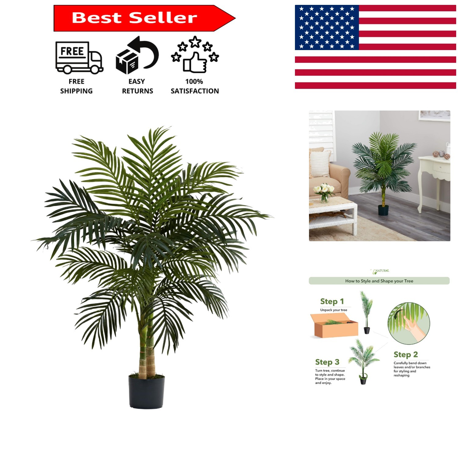 4ft Golden Cane Palm: Lush Double Stalk Faux Tree for Effortless Indoor Elegance