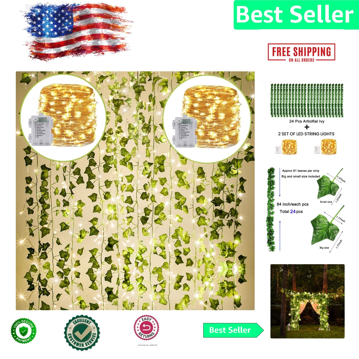 Waterproof 24-Pack 82-Inch Ivy Garland with 160 LED Fairy Lights for Weddings