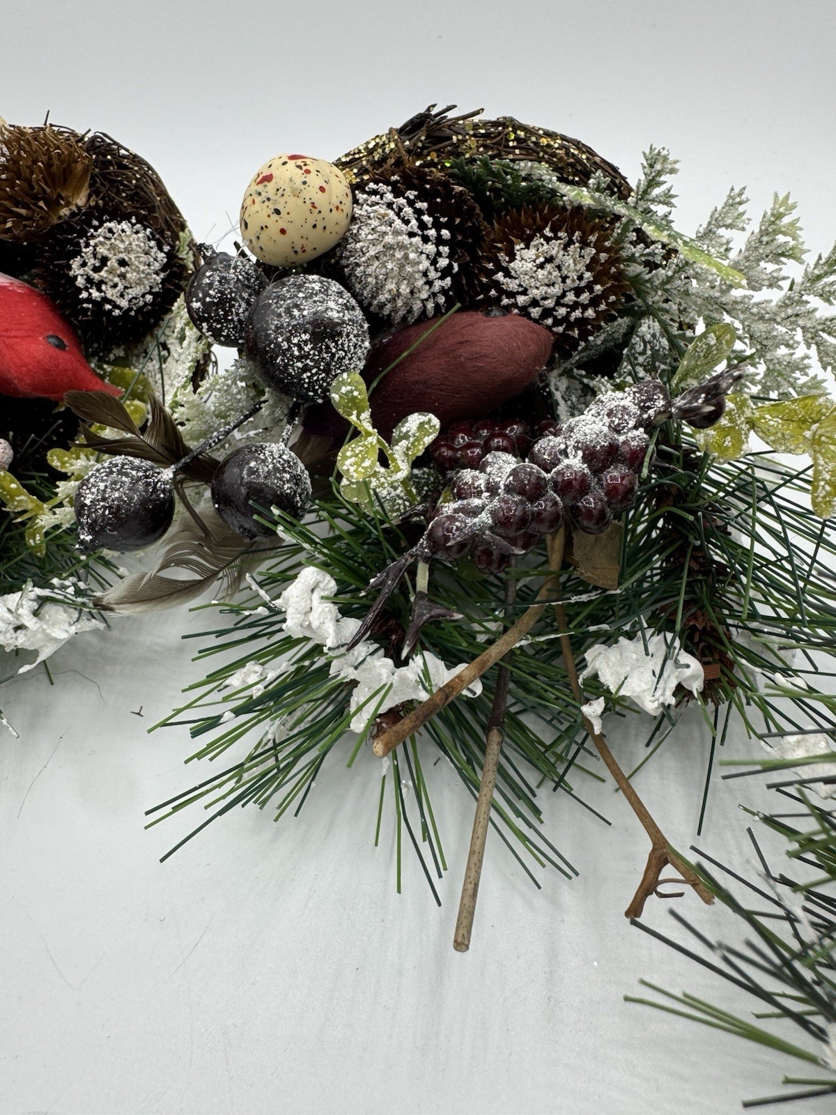 4 Vintage Cardinal Nest Faux Stems Stick Pinecone Berries Egg 9” Snow