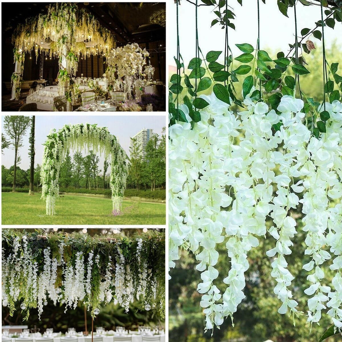 12 White Artificial Wisteria Flower Garland – Silk Hanging Vines for Home, Weddi