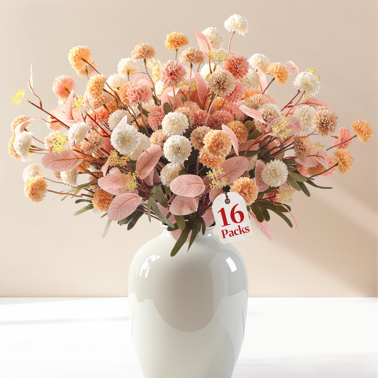 16 Pcs Faux Silk Mums with Eucalyptus, Fake Chrysanthemum for Vase