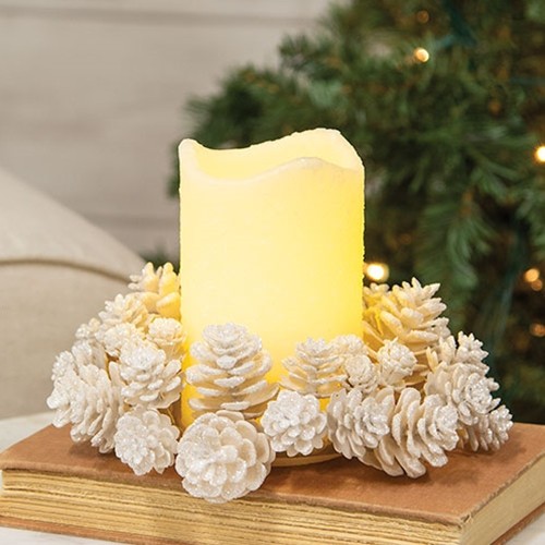 Yuletide Frosted Pinecones Candle Ring / Wreath 3″ Inner Dia. Christmas Winter