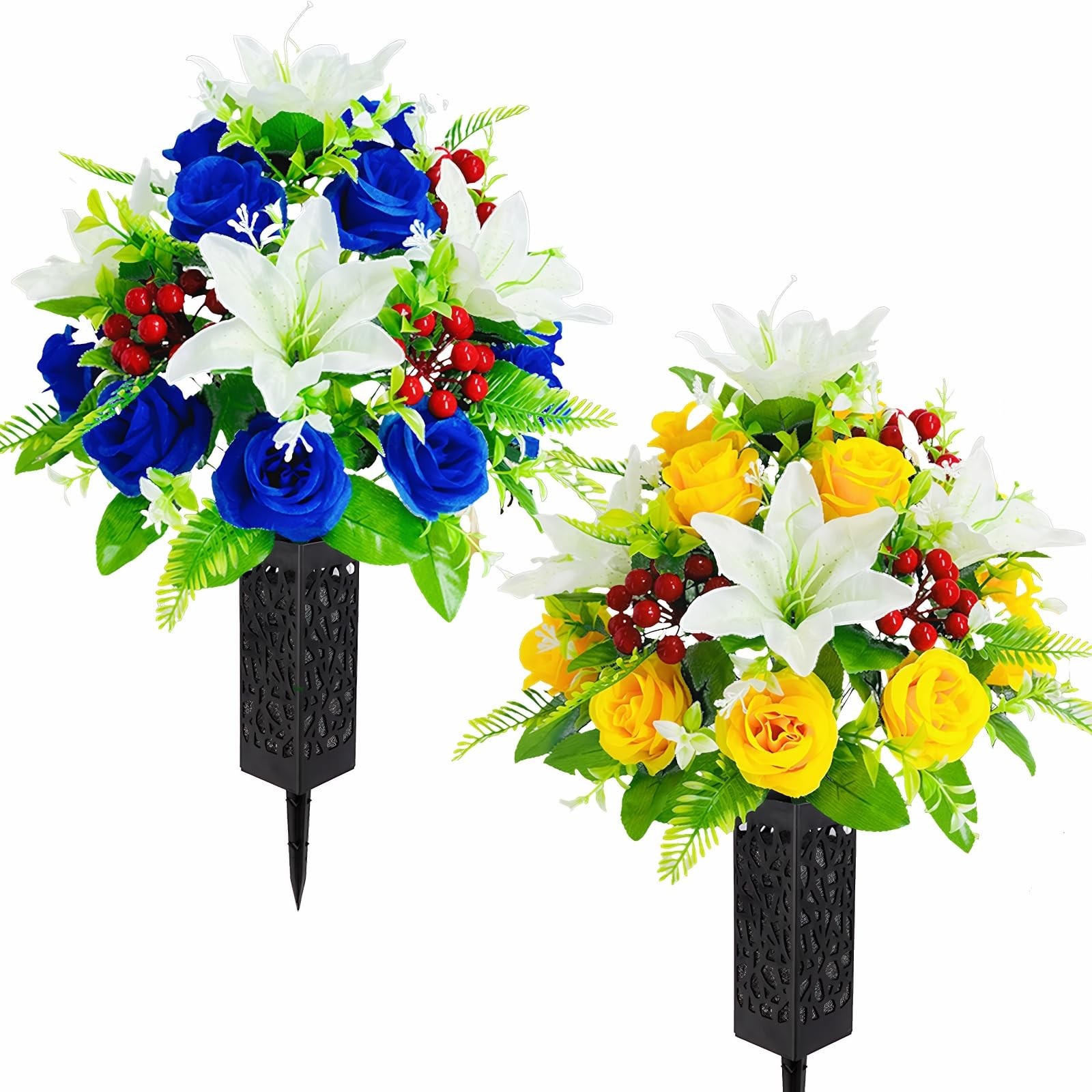 2 Sets Artificial Silk Cemetery Flowers, Memorial Flowers for Gravesite, Blue…