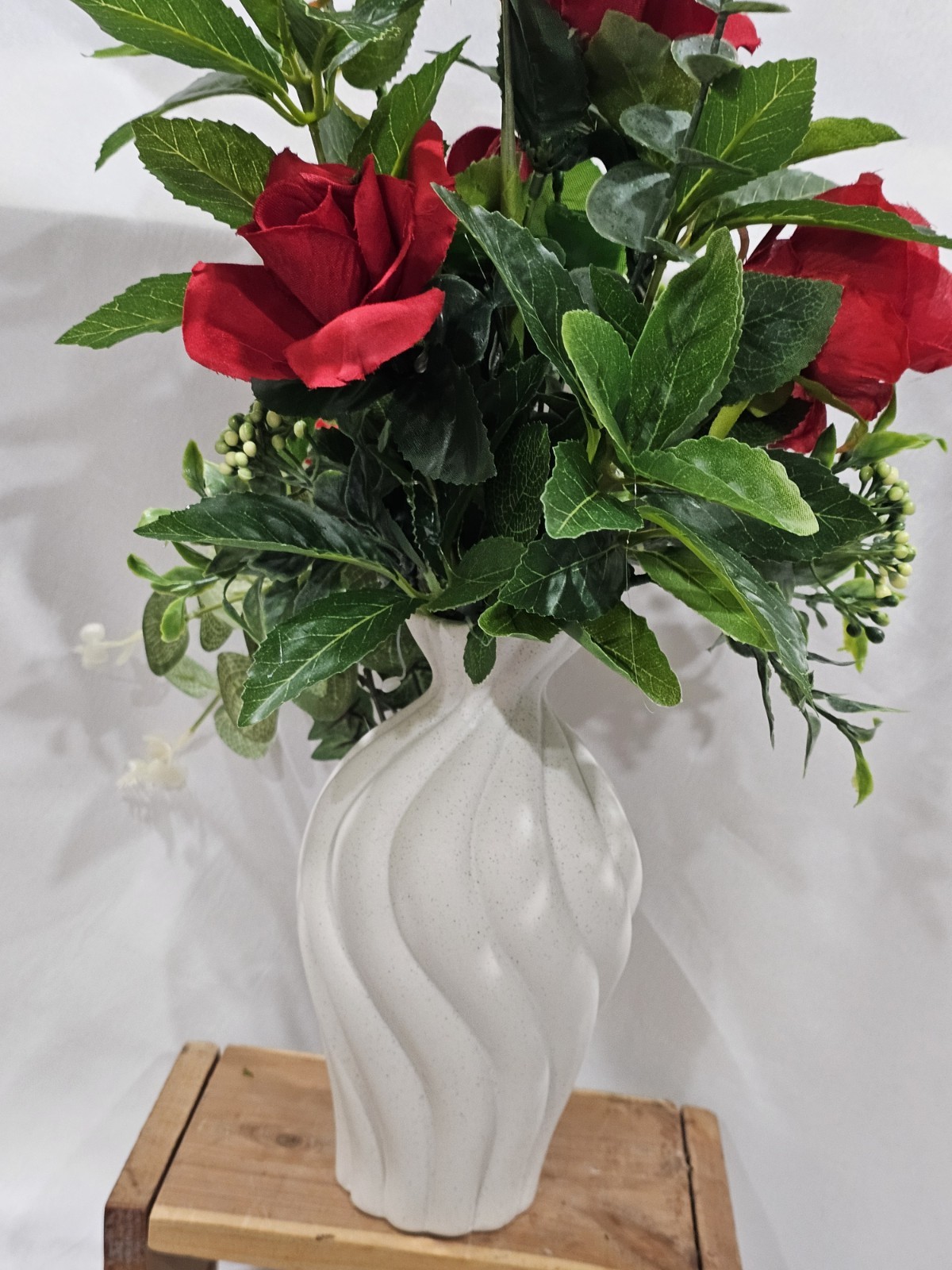 Artificial Red Rose w/white Florwer Arrantement 7″ white vase Total 18″x9 12″