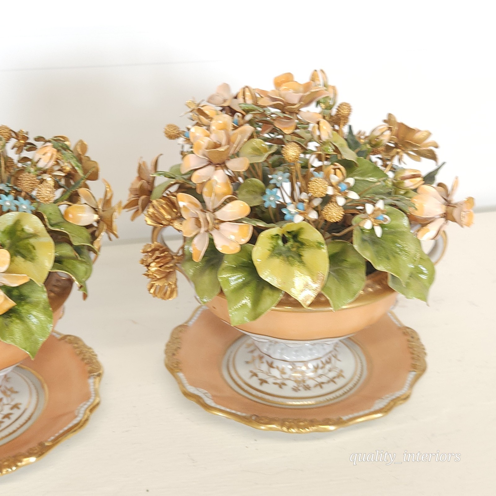 Pair Jane Hutcheson for Gorham Apricot Teacup & Saucer Floral Arrangement
